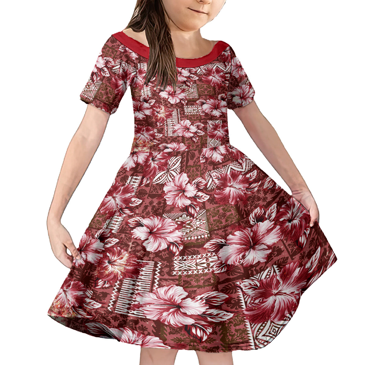Hawaiian Quilt Pattern Family Matching Off Shoulder Short Dress and Hawaiian Shirt Hibiscus and Tribal Element Vintage Red Vibe LT03 Daughter's Dress Red - Polynesian Pride
