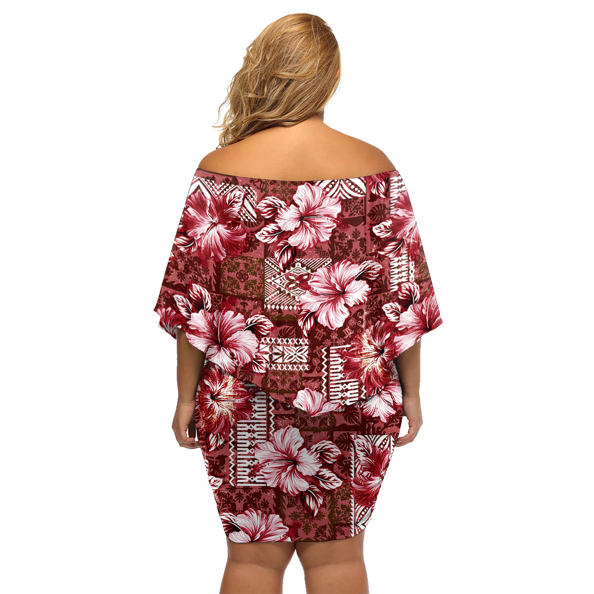 Hawaiian Quilt Pattern Family Matching Off Shoulder Short Dress and Hawaiian Shirt Hibiscus and Tribal Element Vintage Red Vibe LT03 - Polynesian Pride