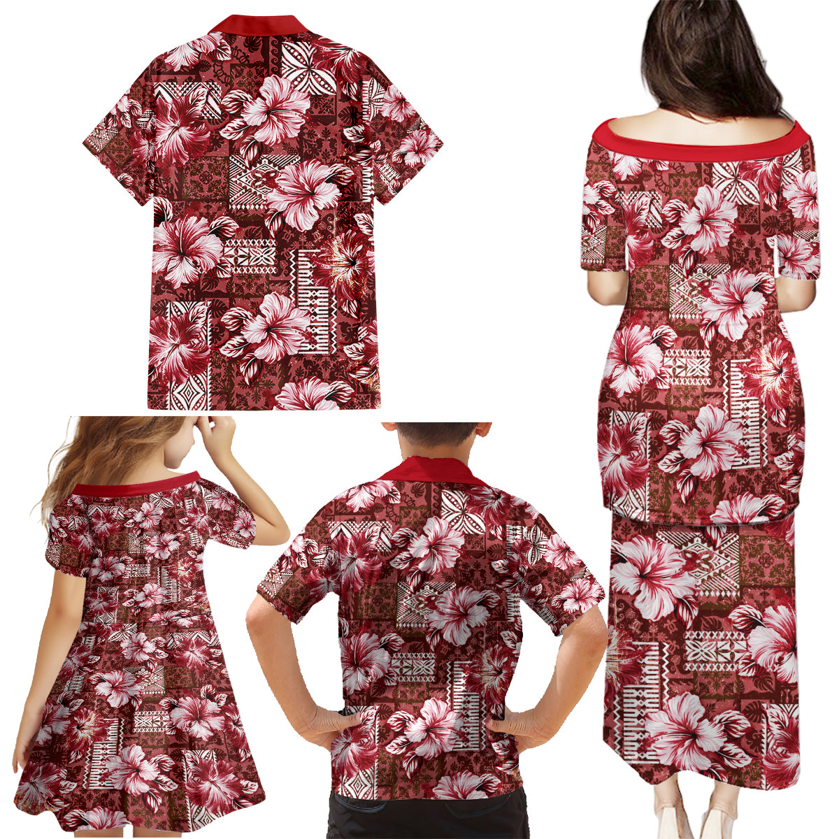 Hawaiian Quilt Pattern Family Matching Puletasi and Hawaiian Shirt Hibiscus and Tribal Element Vintage Red Vibe LT03 - Polynesian Pride