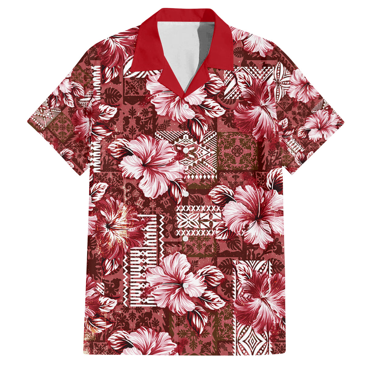 Hawaiian Quilt Pattern Family Matching Summer Maxi Dress and Hawaiian Shirt Hibiscus and Tribal Element Vintage Red Vibe LT03 Dad's Shirt - Short Sleeve Red - Polynesian Pride