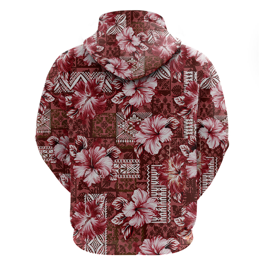 Hawaiian Quilt Pattern Hoodie Hibiscus and Tribal Element Vintage Red Vibe LT03 - Polynesian Pride