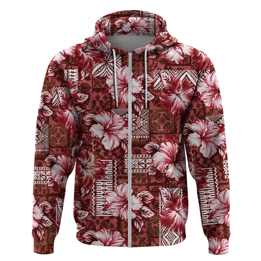 Hawaiian Quilt Pattern Hoodie Hibiscus and Tribal Element Vintage Red Vibe LT03 Zip Hoodie Red - Polynesian Pride