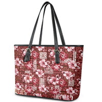 Hawaiian Quilt Pattern Leather Tote Bag Hibiscus and Tribal Element Vintage Red Vibe LT03 - Polynesian Pride