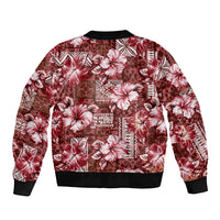 Hawaiian Quilt Pattern Sleeve Zip Bomber Jacket Hibiscus and Tribal Element Vintage Red Vibe LT03 - Polynesian Pride