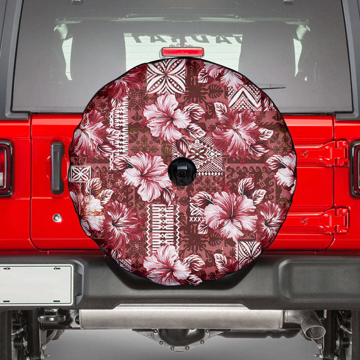 Hawaiian Quilt Pattern Spare Tire Cover Hibiscus and Tribal Element Vintage Red Vibe LT03 - Polynesian Pride