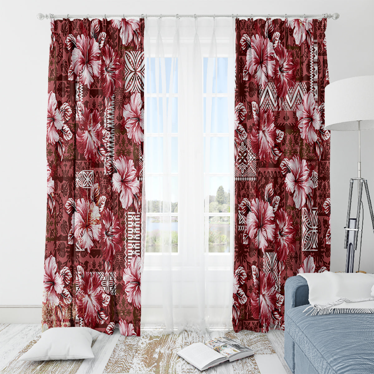 Hawaiian Quilt Pattern Window Curtain Hibiscus and Tribal Element Vintage Red Vibe LT03 - Polynesian Pride