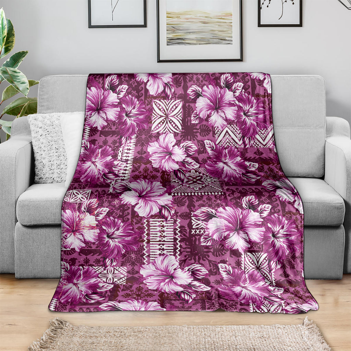 Hawaiian Quilt Pattern Blanket Hibiscus and Tribal Element Vintage Pink Vibe LT03 - Polynesian Pride
