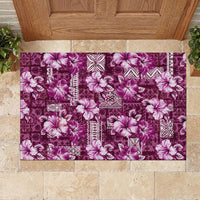 Hawaiian Quilt Pattern Rubber Doormat Hibiscus and Tribal Element Vintage Pink Vibe LT03 - Polynesian Pride