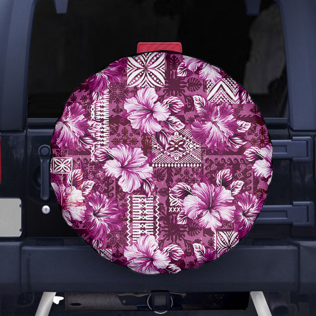 Hawaiian Quilt Pattern Spare Tire Cover Hibiscus and Tribal Element Vintage Pink Vibe LT03 - Polynesian Pride