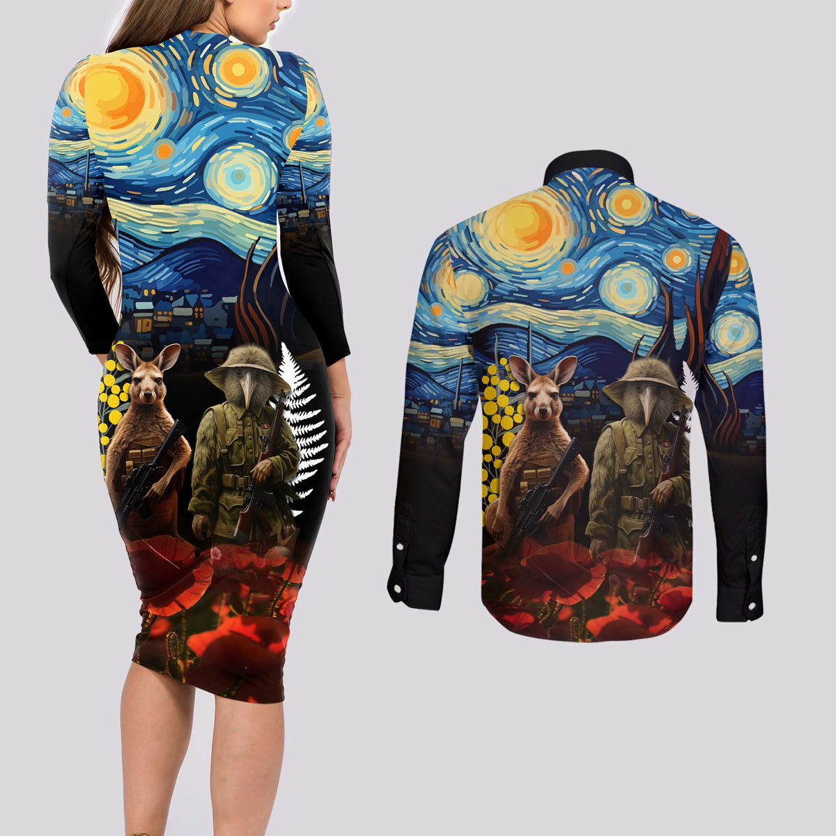 New Zealand and Australia ANZAC Day Couples Matching Long Sleeve Bodycon Dress and Long Sleeve Button Shirt Kiwi Bird and Kangaroo Soldier Starry Night Style LT03 - Polynesian Pride