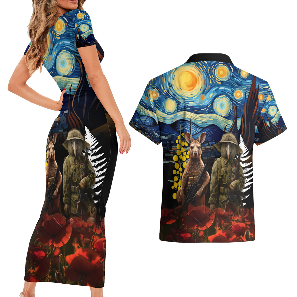 New Zealand and Australia ANZAC Day Couples Matching Short Sleeve Bodycon Dress and Hawaiian Shirt Kiwi Bird and Kangaroo Soldier Starry Night Style LT03 - Polynesian Pride