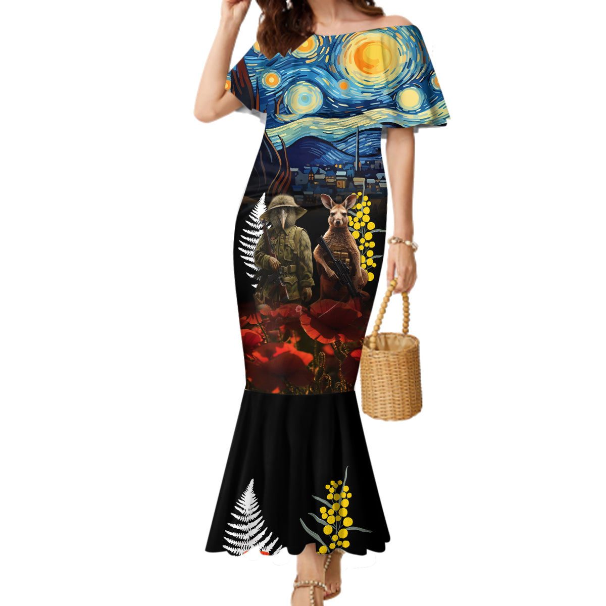 New Zealand and Australia ANZAC Day Family Matching Mermaid Dress and Hawaiian Shirt Kiwi Bird and Kangaroo Soldier Starry Night Style LT03 Mom's Dress Black - Polynesian Pride