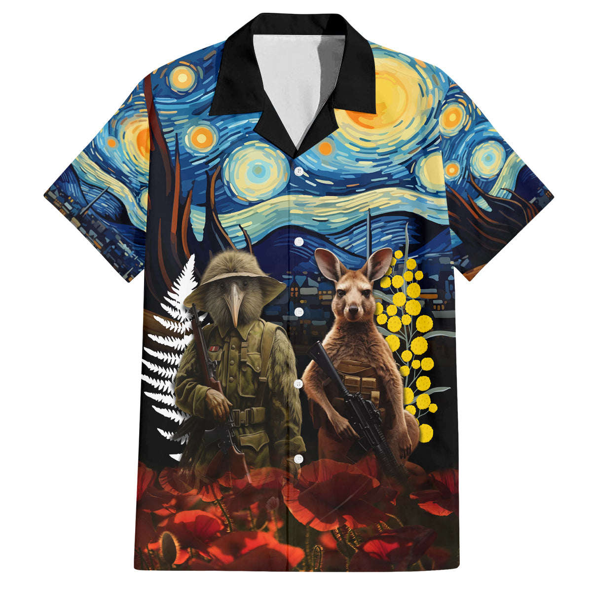 New Zealand and Australia ANZAC Day Family Matching Off Shoulder Long Sleeve Dress and Hawaiian Shirt Kiwi Bird and Kangaroo Soldier Starry Night Style LT03 Dad's Shirt - Short Sleeve Black - Polynesian Pride