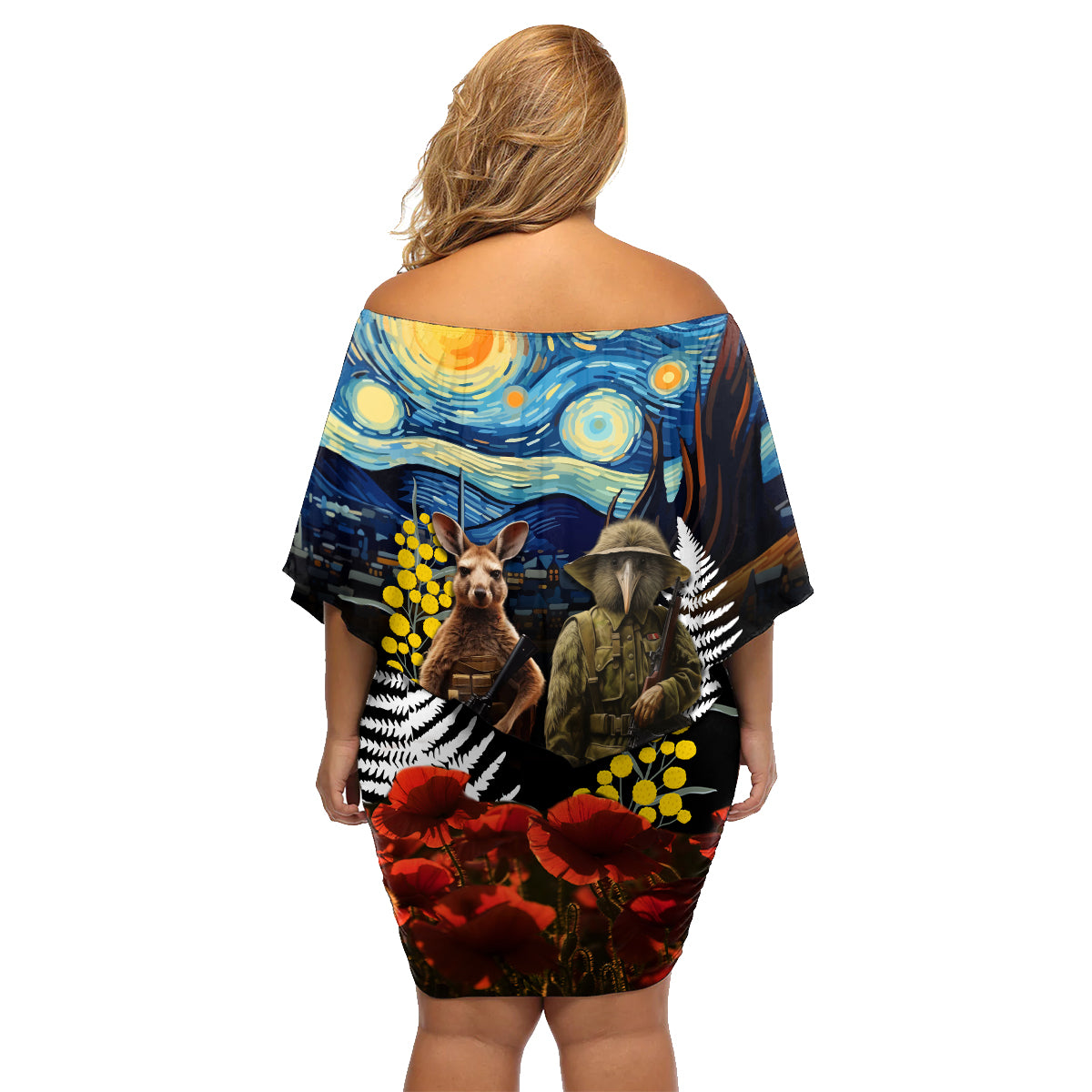 New Zealand and Australia ANZAC Day Family Matching Off Shoulder Short Dress and Hawaiian Shirt Kiwi Bird and Kangaroo Soldier Starry Night Style LT03 - Polynesian Pride