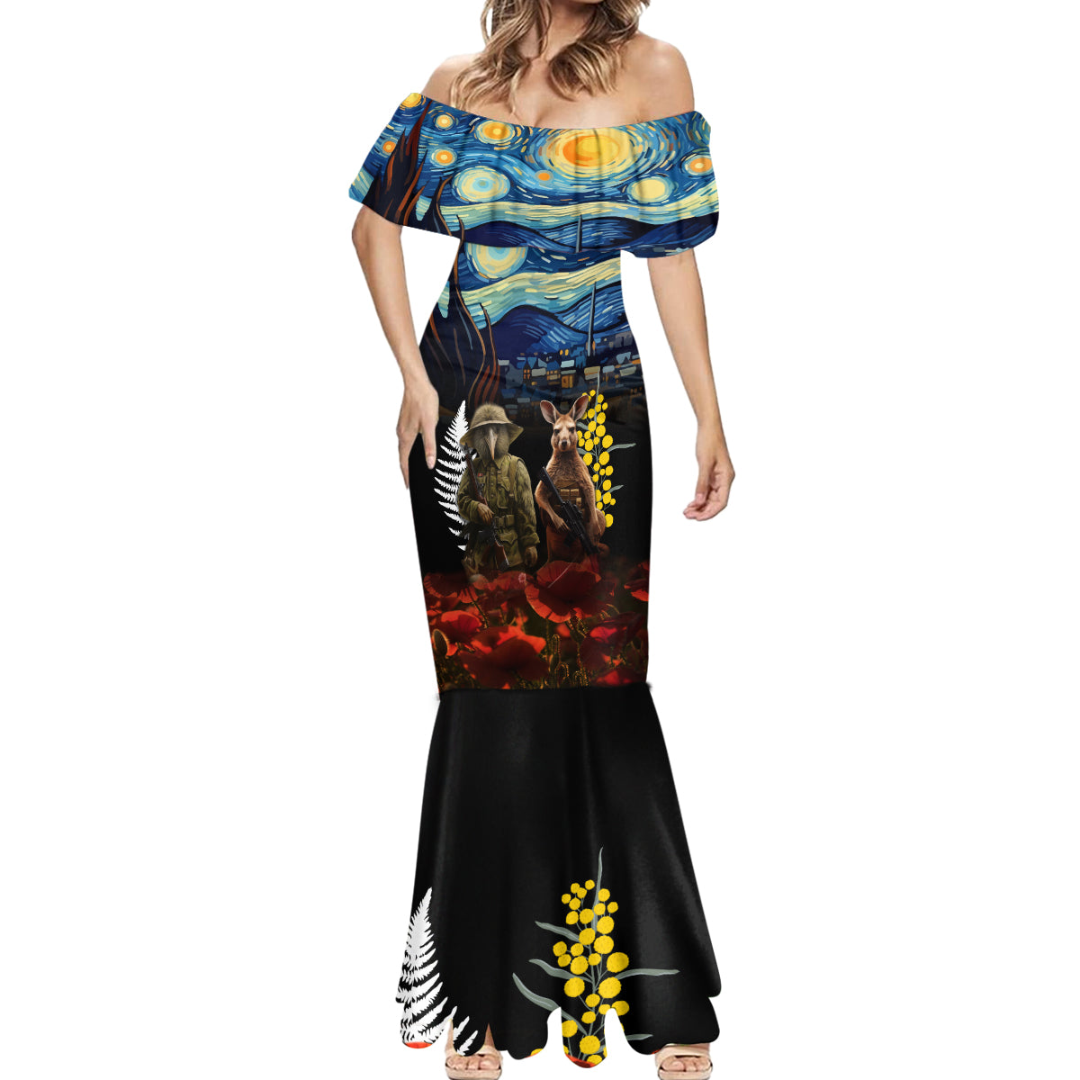 New Zealand and Australia ANZAC Day Mermaid Dress Kiwi Bird and Kangaroo Soldier Starry Night Style LT03 - Polynesian Pride