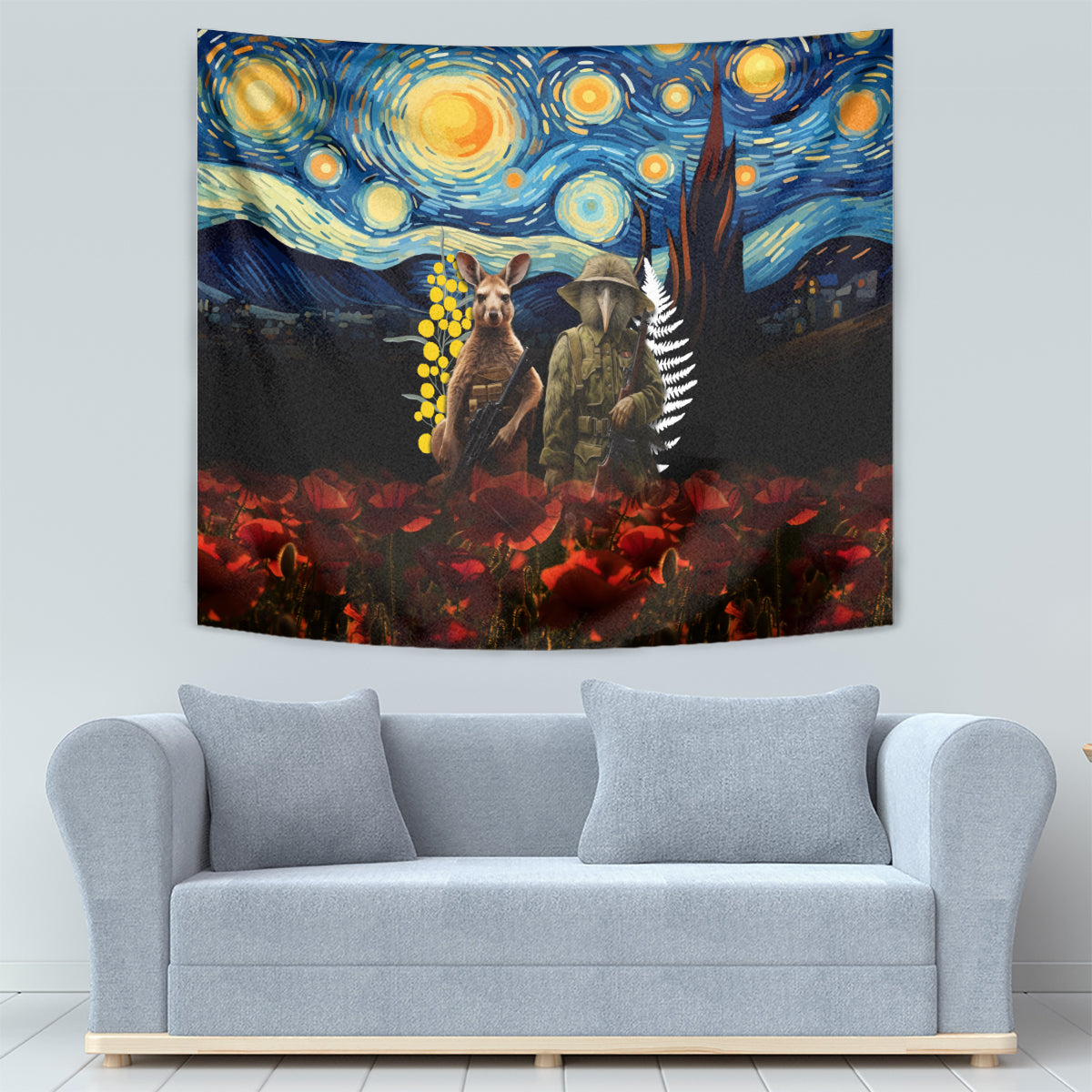New Zealand and Australia ANZAC Day Tapestry Kiwi Bird and Kangaroo Soldier Starry Night Style LT03 - Polynesian Pride