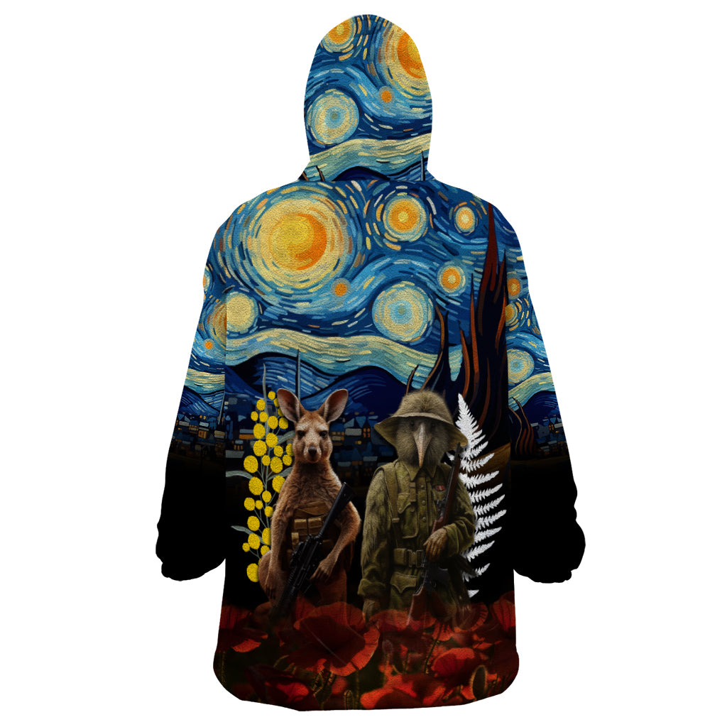 New Zealand and Australia ANZAC Day Wearable Blanket Hoodie Kiwi Bird and Kangaroo Soldier Starry Night Style LT03 - Polynesian Pride