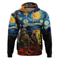 New Zealand and Australia ANZAC Day Zip Hoodie Kiwi Bird and Kangaroo Soldier Starry Night Style LT03 Pullover Hoodie Black - Polynesian Pride