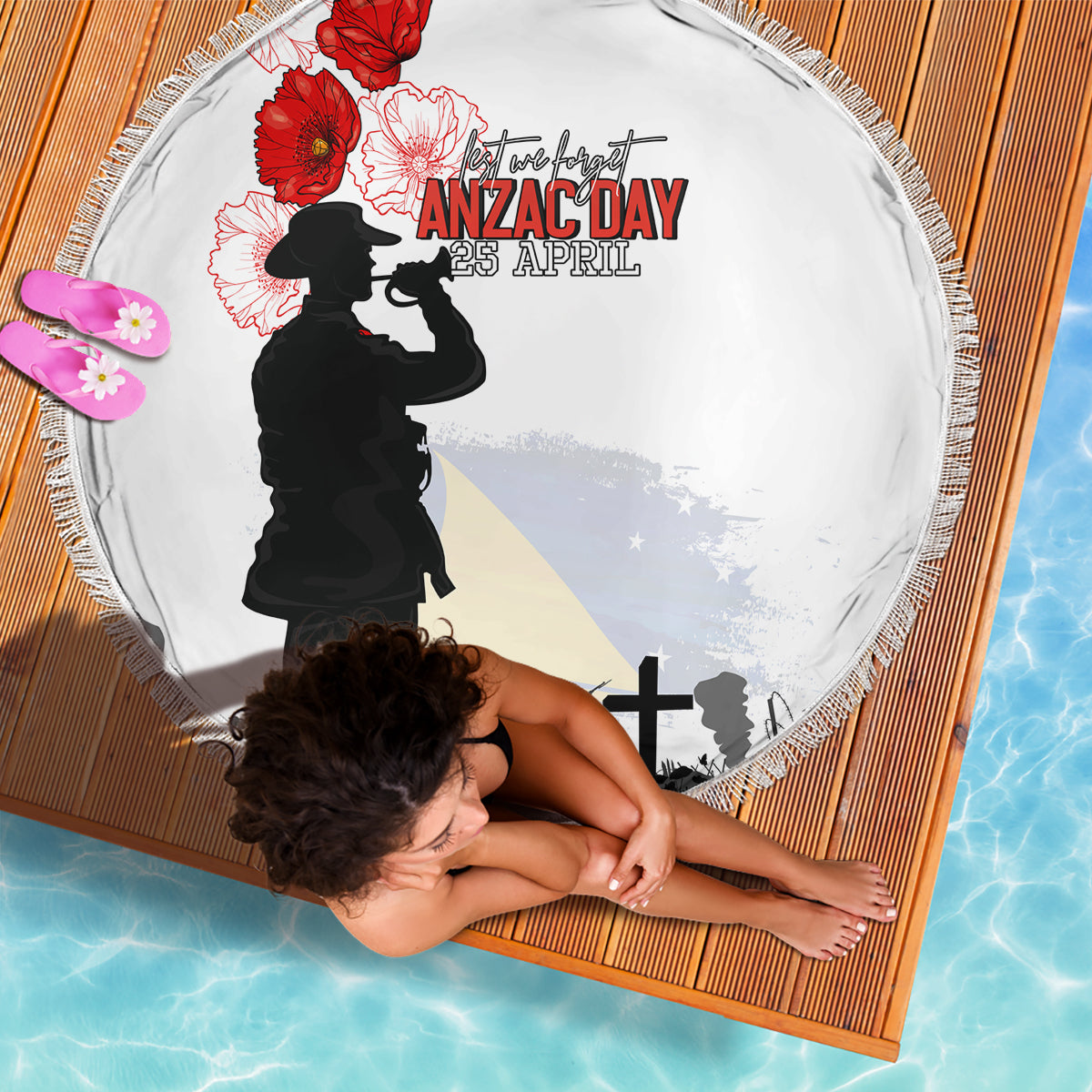 Tokelau ANZAC Day Beach Blanket Lest We Forget Red Poppy Flowers and Soldier LT03 - Polynesian Pride