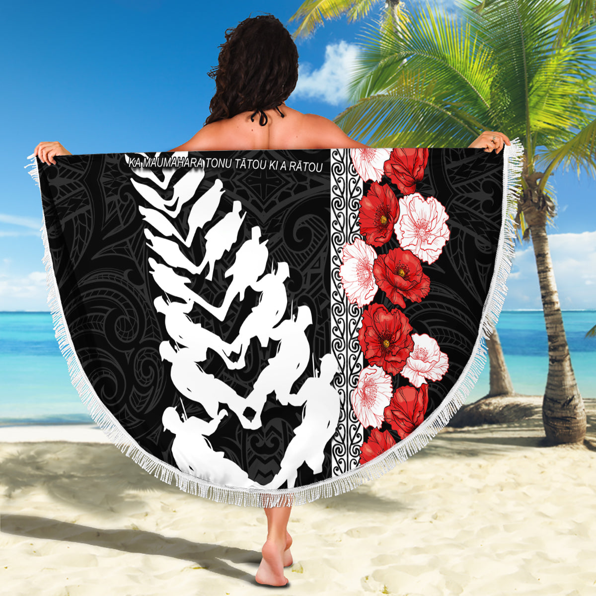 New Zealand ANZAC Day Beach Blanket Soldier Silver Fern with Red Poppies Flower Maori Style LT03 - Polynesian Pride