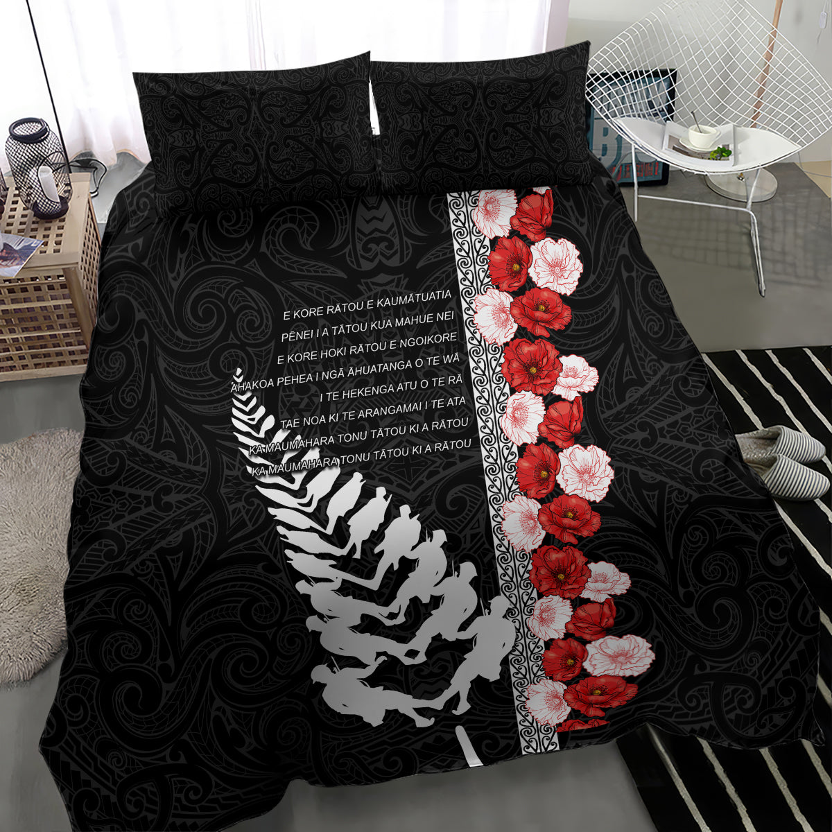 New Zealand ANZAC Day Bedding Set Soldier Silver Fern with Red Poppies Flower Maori Style LT03 - Polynesian Pride