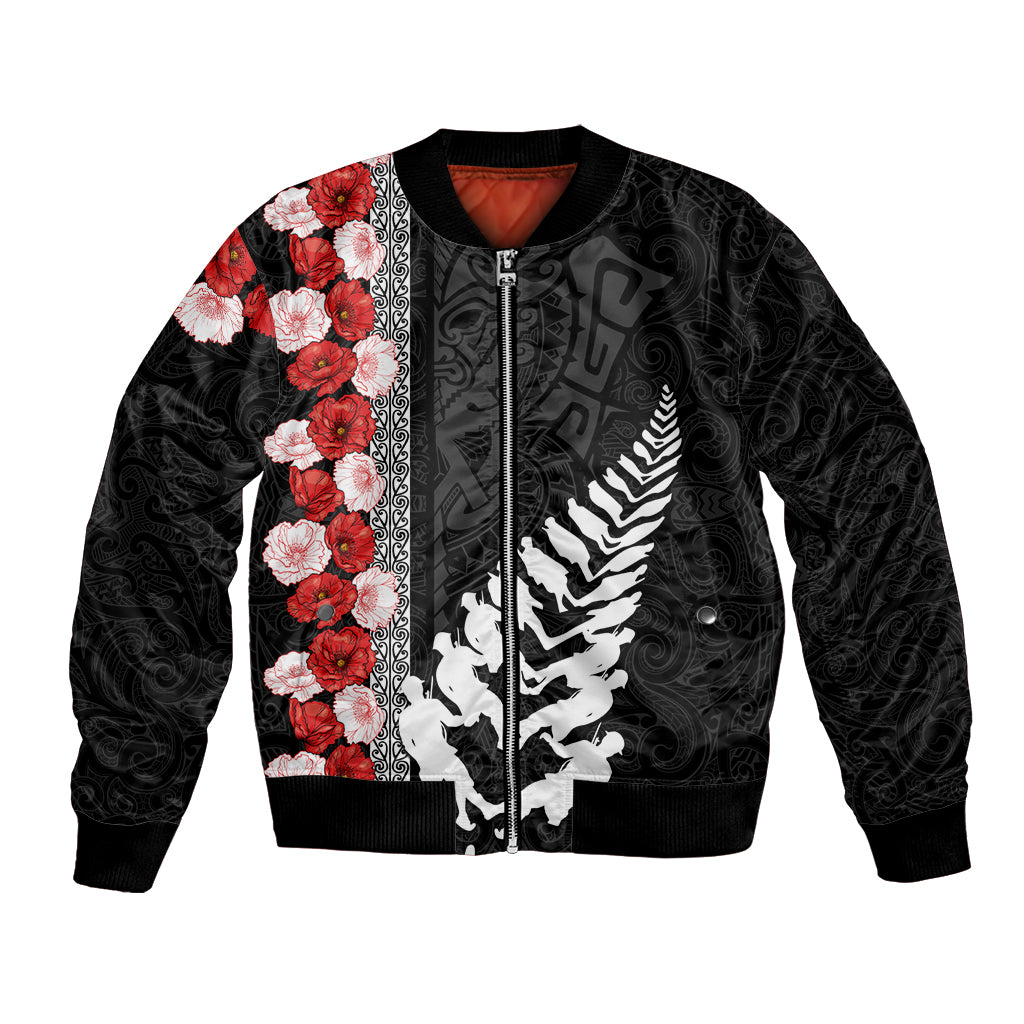 New Zealand ANZAC Day Bomber Jacket Soldier Silver Fern with Red Poppies Flower Maori Style LT03 Unisex Black - Polynesian Pride