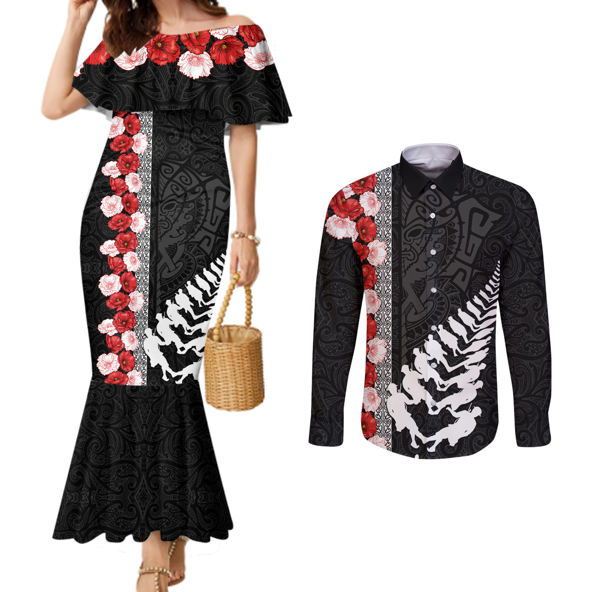 New Zealand ANZAC Day Couples Matching Mermaid Dress and Long Sleeve Button Shirt Soldier Silver Fern with Red Poppies Flower Maori Style LT03 Black - Polynesian Pride