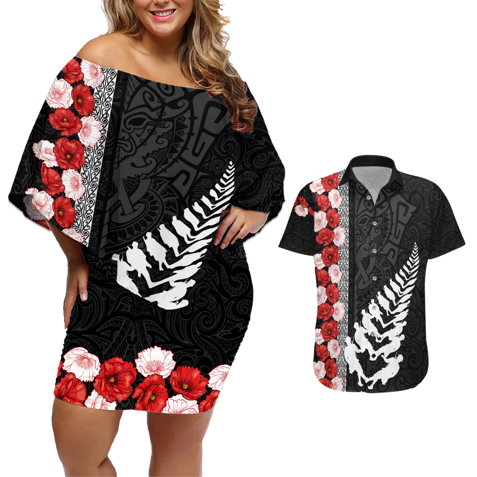 New Zealand ANZAC Day Couples Matching Off Shoulder Short Dress and Hawaiian Shirt Soldier Silver Fern with Red Poppies Flower Maori Style LT03 Black - Polynesian Pride