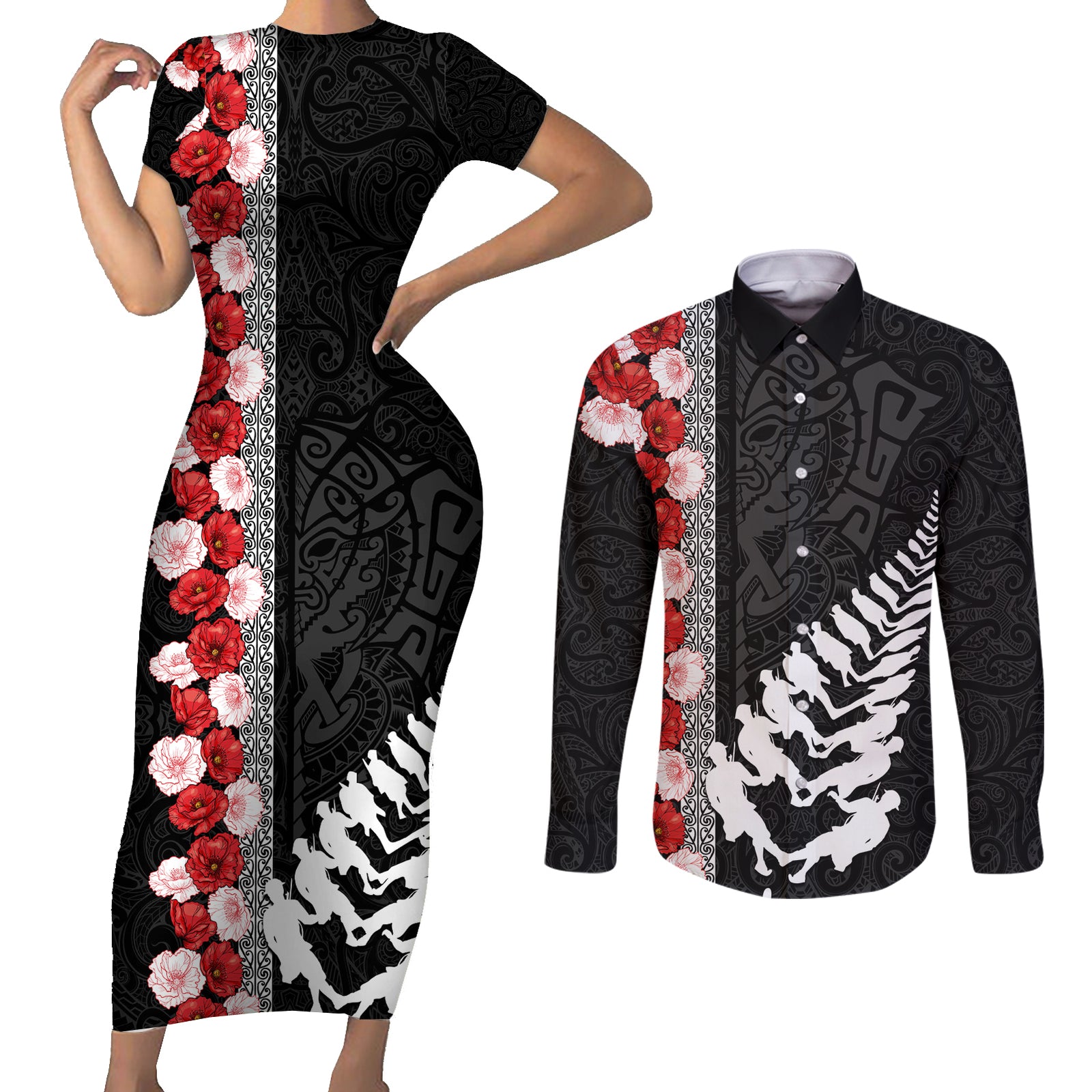 New Zealand ANZAC Day Couples Matching Short Sleeve Bodycon Dress and Long Sleeve Button Shirt Soldier Silver Fern with Red Poppies Flower Maori Style LT03 Black - Polynesian Pride