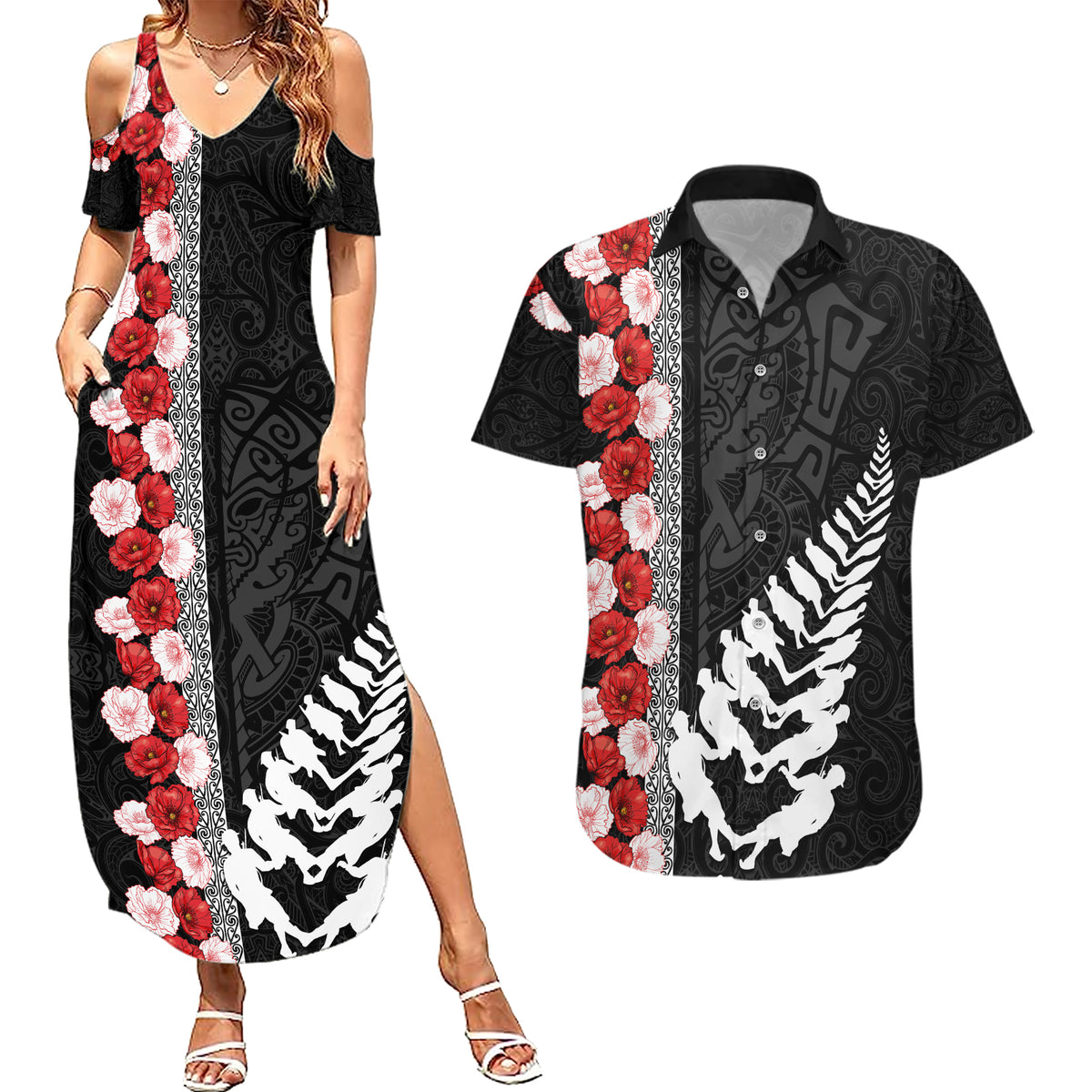 New Zealand ANZAC Day Couples Matching Summer Maxi Dress and Hawaiian Shirt Soldier Silver Fern with Red Poppies Flower Maori Style LT03 Black - Polynesian Pride