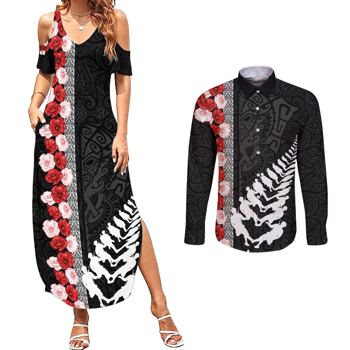 New Zealand ANZAC Day Couples Matching Summer Maxi Dress and Long Sleeve Button Shirt Soldier Silver Fern with Red Poppies Flower Maori Style LT03 Black - Polynesian Pride