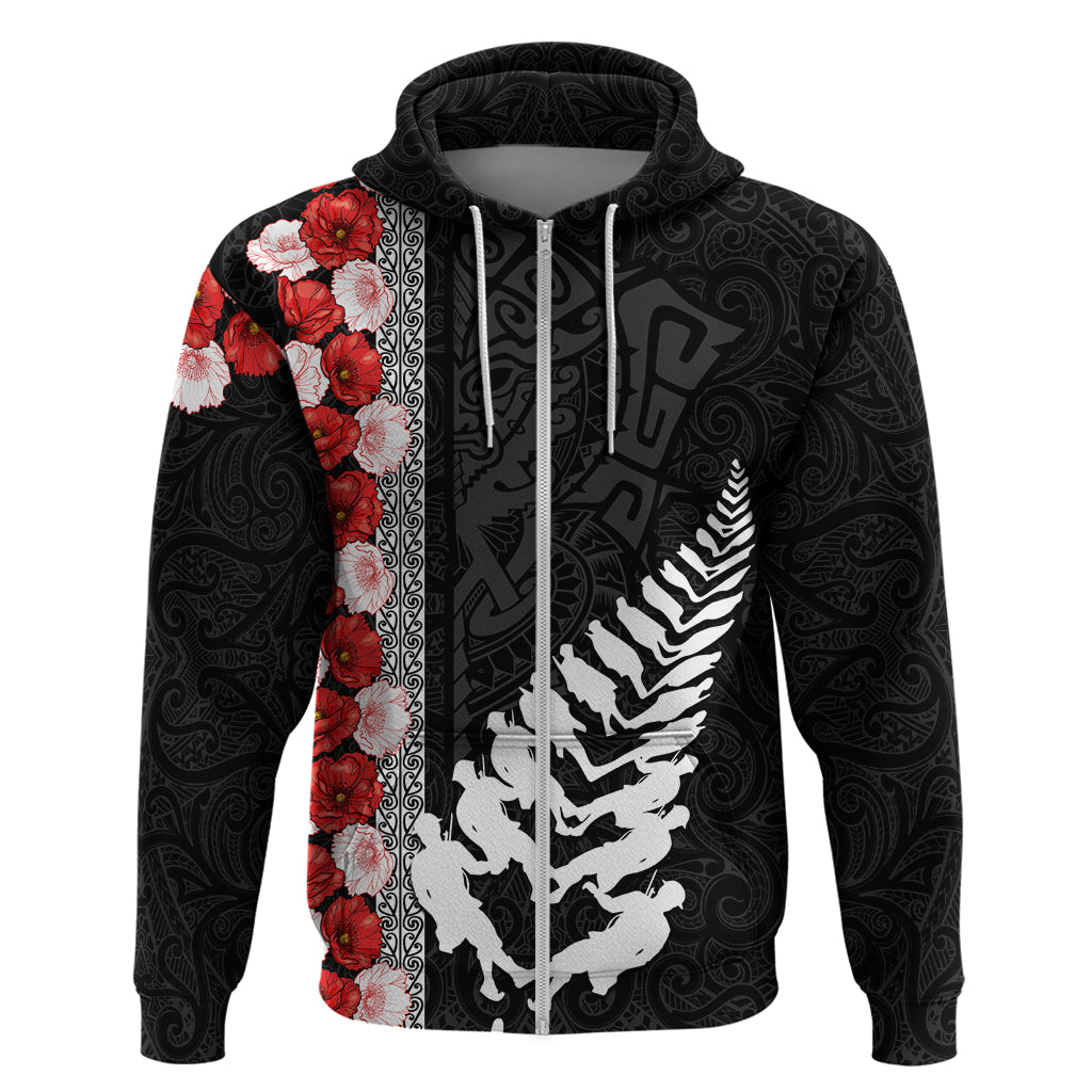 New Zealand ANZAC Day Hoodie Soldier Silver Fern with Red Poppies Flower Maori Style LT03 Zip Hoodie Black - Polynesian Pride