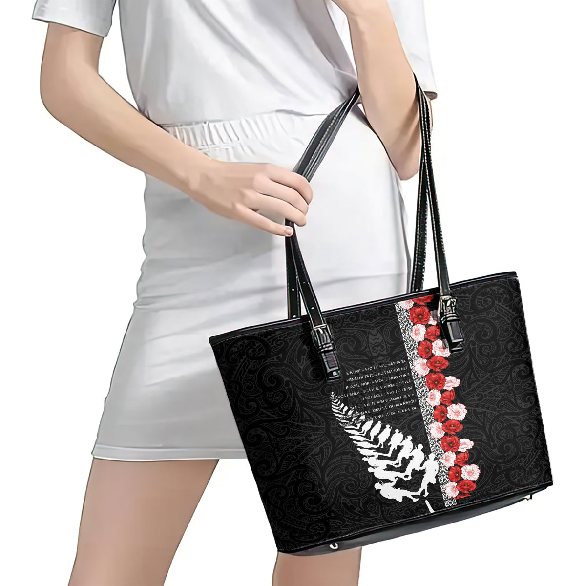 New Zealand ANZAC Day Leather Tote Bag Soldier Silver Fern with Red Poppies Flower Maori Style LT03 - Polynesian Pride