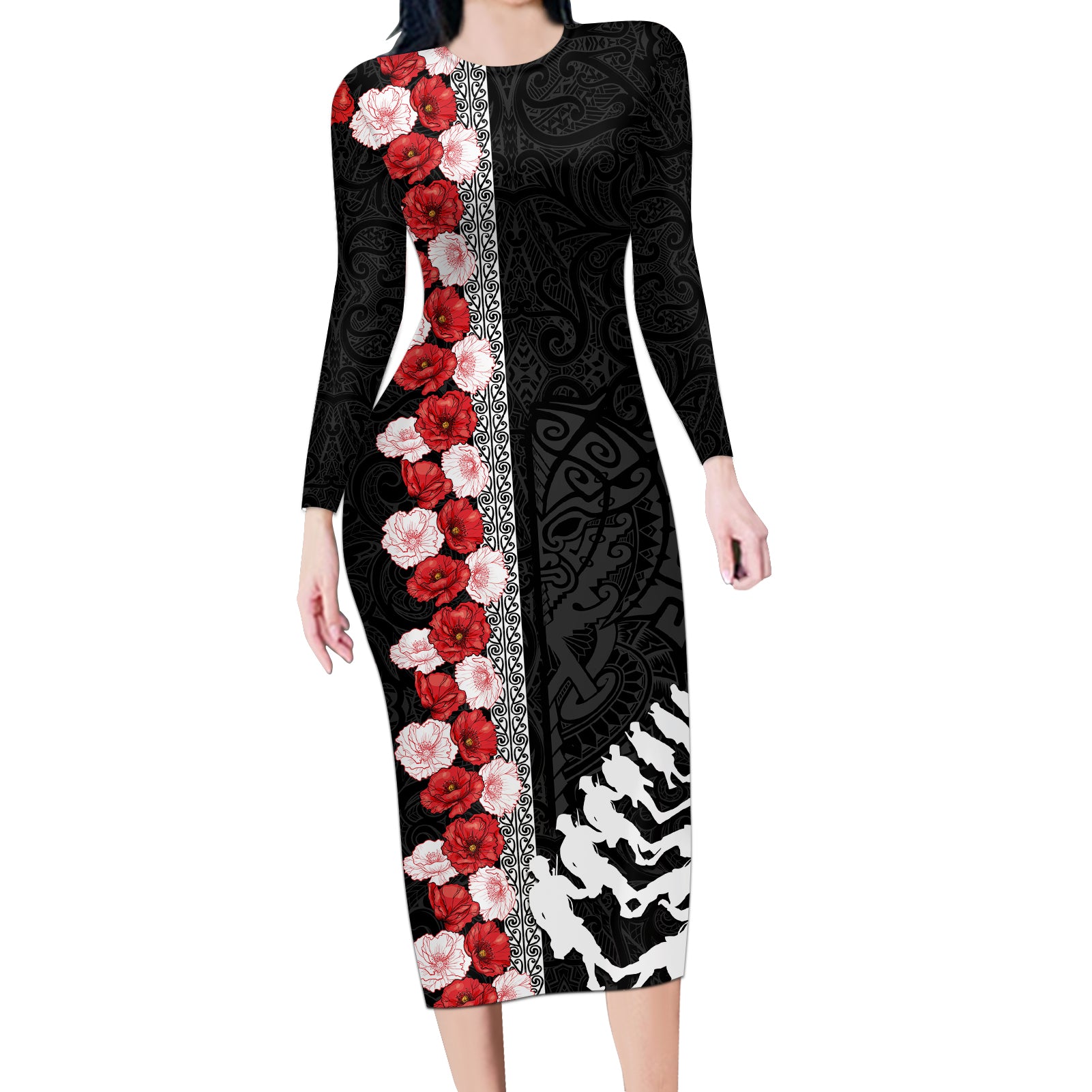 New Zealand ANZAC Day Long Sleeve Bodycon Dress Soldier Silver Fern with Red Poppies Flower Maori Style LT03 Long Dress Black - Polynesian Pride
