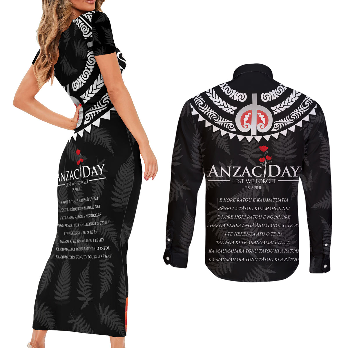New Zealand ANZAC Day Couples Matching Short Sleeve Bodycon Dress and Long Sleeve Button Shirt Lest We Forget Haka Dance Respect LT03 - Polynesian Pride