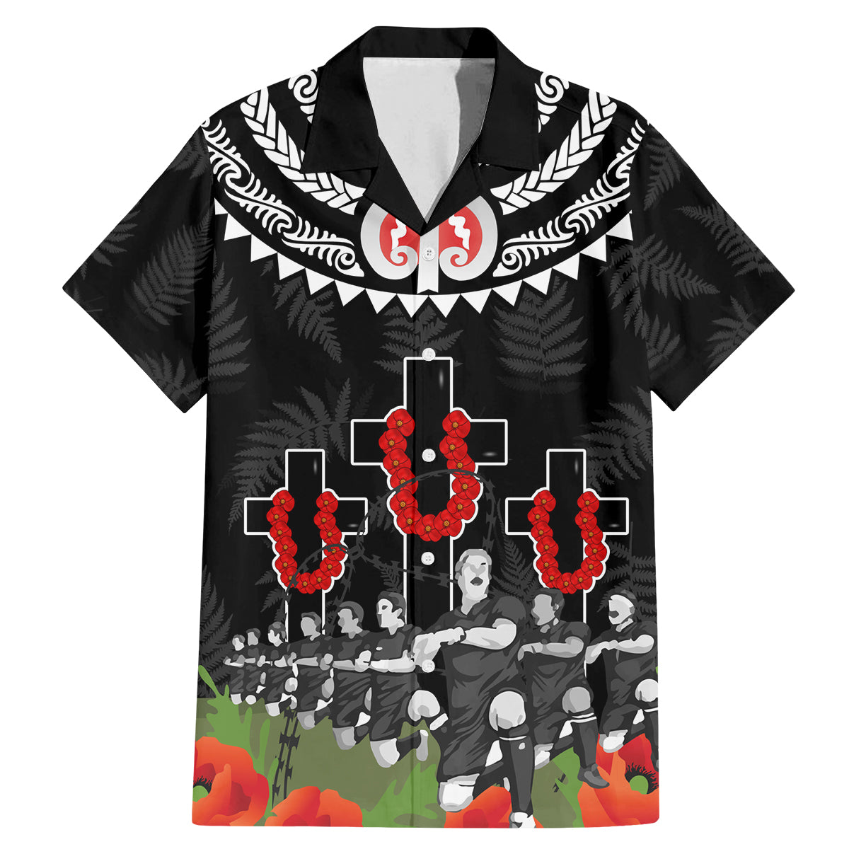 New Zealand ANZAC Day Family Matching Mermaid Dress and Hawaiian Shirt Lest We Forget Haka Dance Respect LT03 Dad's Shirt - Short Sleeve Black - Polynesian Pride
