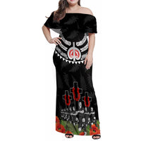 New Zealand ANZAC Day Family Matching Off Shoulder Maxi Dress and Hawaiian Shirt Lest We Forget Haka Dance Respect LT03 Mom's Dress Black - Polynesian Pride