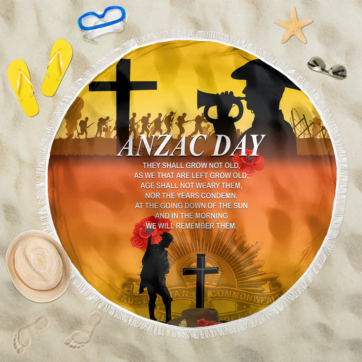 New Zealand and Australia ANZAC Day Beach Blanket Gallipoli Lest We Forget LT03 One Size 150cm Yellow - Polynesian Pride