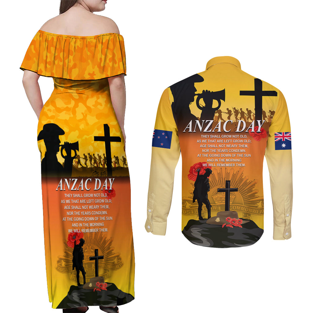 New Zealand and Australia ANZAC Day Couples Matching Off Shoulder Maxi Dress and Long Sleeve Button Shirt Gallipoli Lest We Forget LT03 - Polynesian Pride