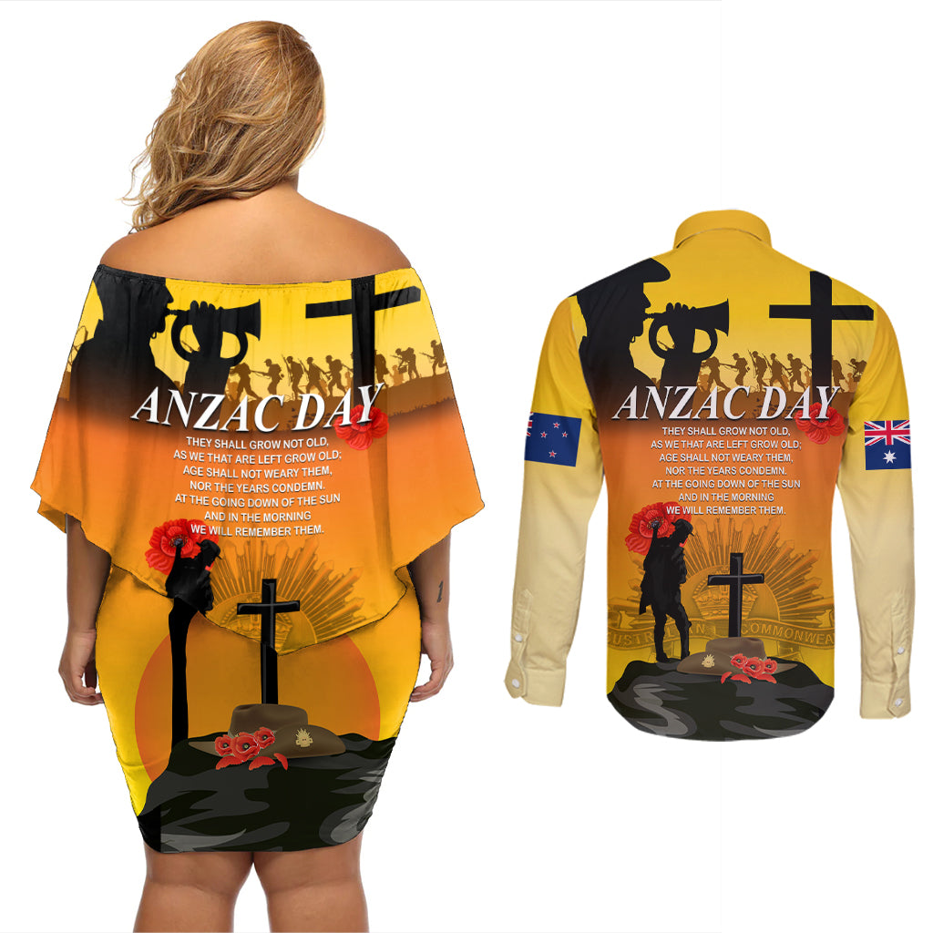 New Zealand and Australia ANZAC Day Couples Matching Off Shoulder Short Dress and Long Sleeve Button Shirt Gallipoli Lest We Forget LT03 - Polynesian Pride