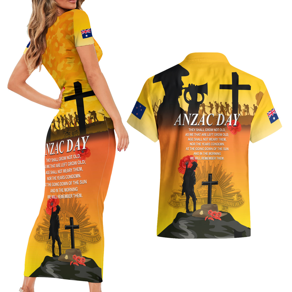 New Zealand and Australia ANZAC Day Couples Matching Short Sleeve Bodycon Dress and Hawaiian Shirt Gallipoli Lest We Forget LT03 - Polynesian Pride