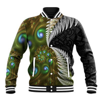 New Zealand Baseball Jacket Koru Abstract Art and Silver Fern Maori Pattern LT03 Unisex Green - Polynesian Pride