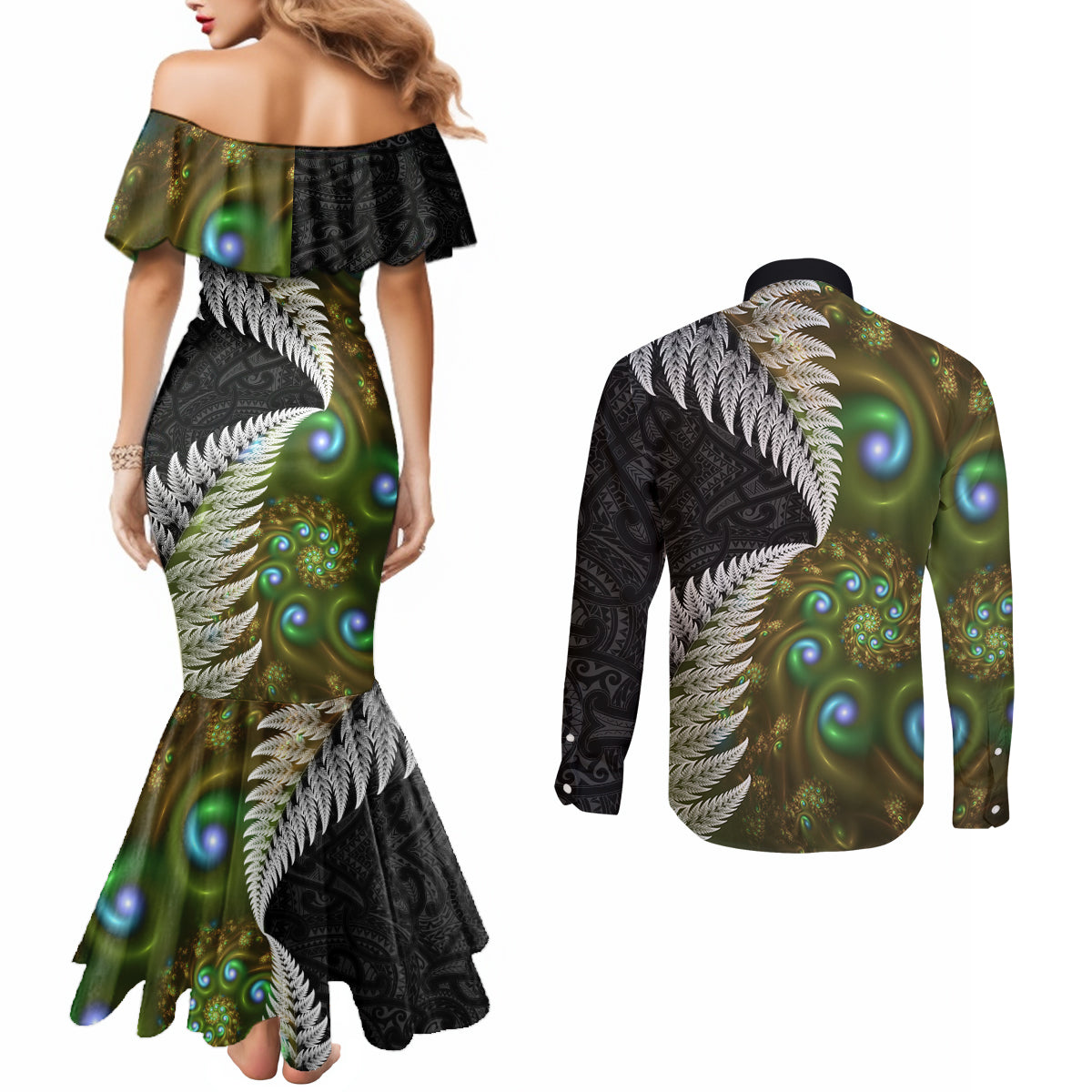 New Zealand Couples Matching Mermaid Dress and Long Sleeve Button Shirt Koru Abstract Art and Silver Fern Maori Pattern LT03 - Polynesian Pride