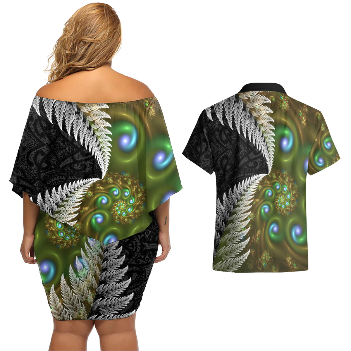 New Zealand Couples Matching Off Shoulder Short Dress and Hawaiian Shirt Koru Abstract Art and Silver Fern Maori Pattern LT03 - Polynesian Pride
