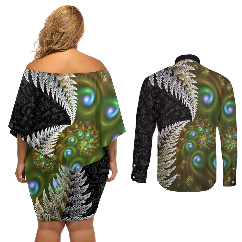 New Zealand Couples Matching Off Shoulder Short Dress and Long Sleeve Button Shirt Koru Abstract Art and Silver Fern Maori Pattern LT03 - Polynesian Pride
