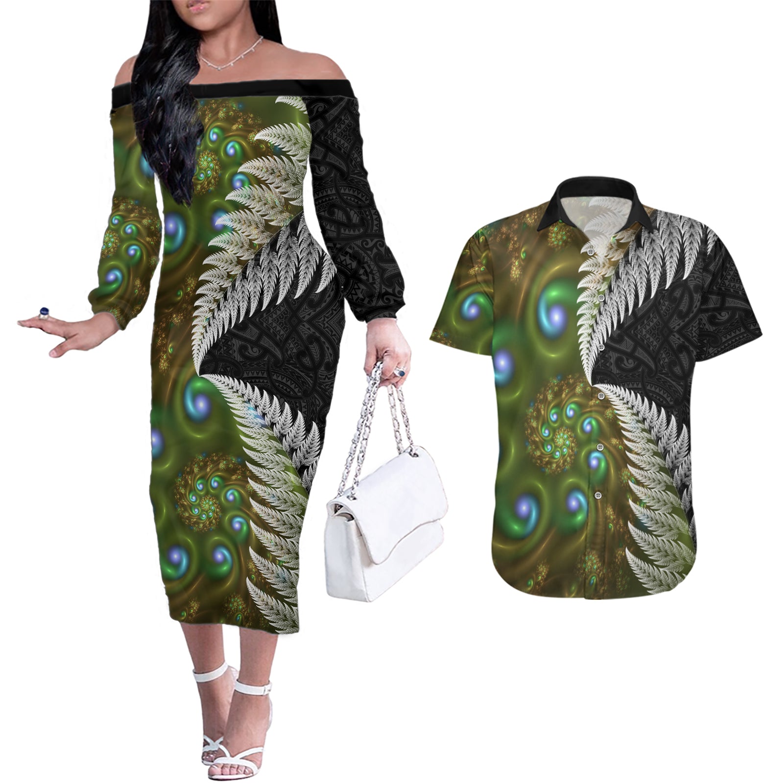 New Zealand Couples Matching Off The Shoulder Long Sleeve Dress and Hawaiian Shirt Koru Abstract Art and Silver Fern Maori Pattern LT03 Green - Polynesian Pride