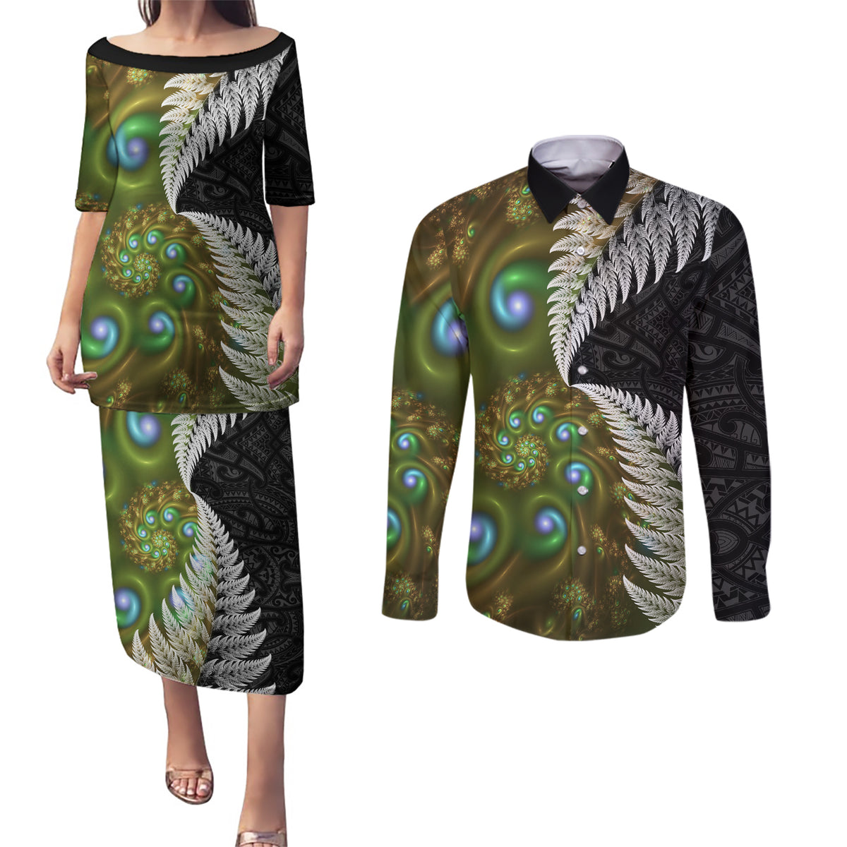 New Zealand Couples Matching Puletasi and Long Sleeve Button Shirt Koru Abstract Art and Silver Fern Maori Pattern LT03 Green - Polynesian Pride