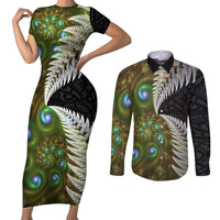 New Zealand Couples Matching Short Sleeve Bodycon Dress and Long Sleeve Button Shirt Koru Abstract Art and Silver Fern Maori Pattern LT03 Green - Polynesian Pride