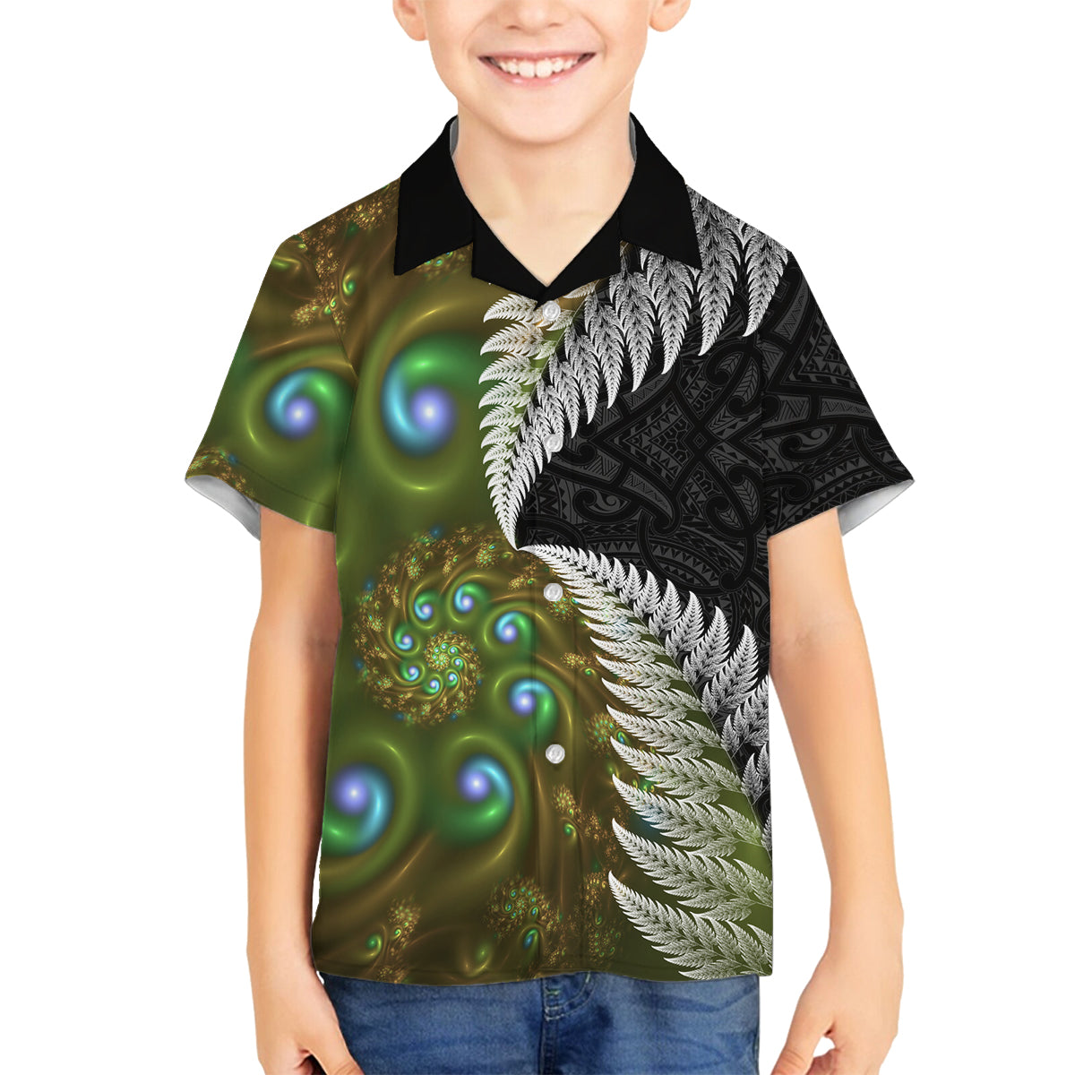 New Zealand Family Matching Off Shoulder Long Sleeve Dress and Hawaiian Shirt Koru Abstract Art and Silver Fern Maori Pattern LT03 Son's Shirt Green - Polynesian Pride
