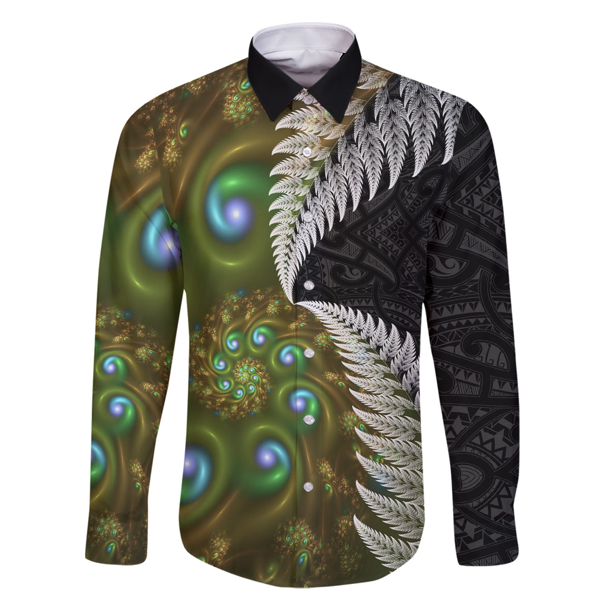 New Zealand Family Matching Puletasi and Hawaiian Shirt Koru Abstract Art and Silver Fern Maori Pattern LT03 Dad's Shirt - Long Sleeve Green - Polynesian Pride